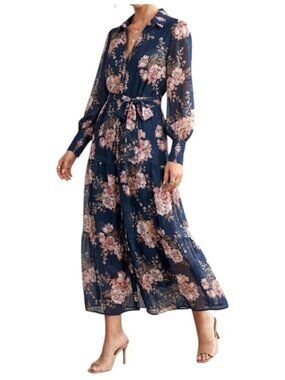Esther & Co Blue Floral Button Down Long Sleeved Workwear Cottage Dress Size 8